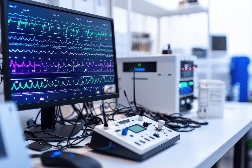 Monitor zeigt farbige Gehirnwellen-Kurven, verbunden mit einem Neurofeedback-Gerät auf einem Schreibtisch mit Kabeln