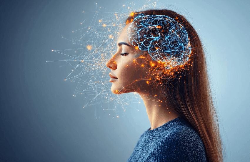 Profil einer Frau mit geschlossenen Augen, über ihrem Kopf eine grafische Darstellung von Gehirnaktivität und leuchtenden Verbindungen