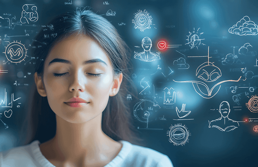 Junge Frau mit geschlossenen Augen vor abstrakten Symbolen und Diagrammen, die mentale Prozesse und Gehirnfunktionen darstellen